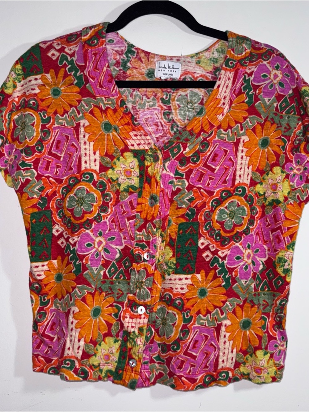 Nicole Miller New York 100% Linen Floral Button Front Top Multicolor Medium